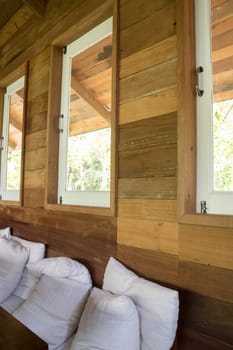 Wooden interior living room with window, stock photo