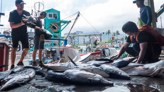 Taitung, Taiwan - May 28, 2016 : Fishing boats docked Chenggong Fishing Harbor remove fishing goods