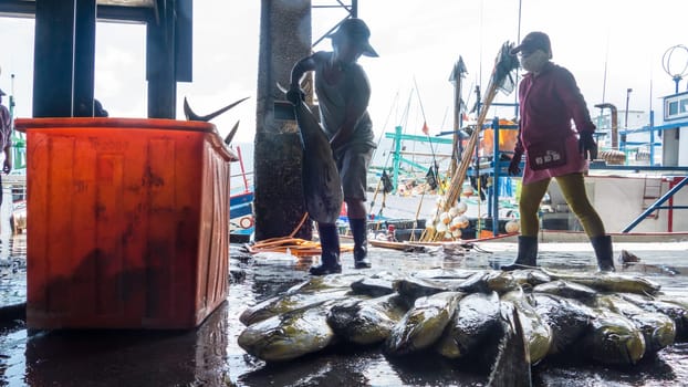 Taitung, Taiwan - May 28, 2016 : Fishing boats docked Chenggong Fishing Harbor remove fishing goods