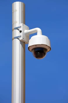 Dome Type Outdoor CCTV Camera on Street Lamp in Nice, France.