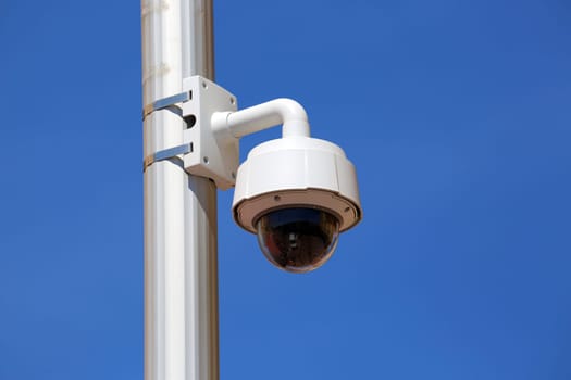 Dome Type Outdoor CCTV Camera on Street Lamp in Nice, France.