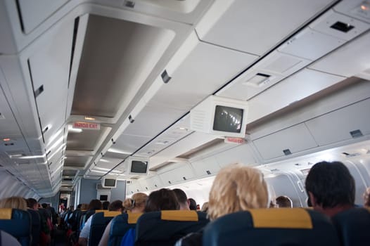 The interior of the aircraft with passengers, flew