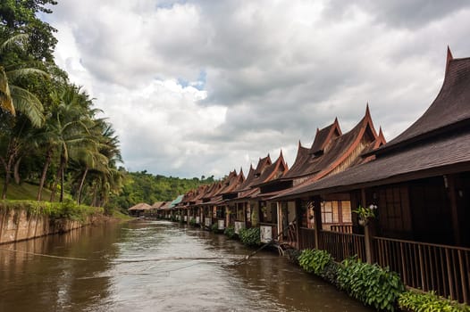 floating hotel on river Kwai in Thailand with a beautiful view