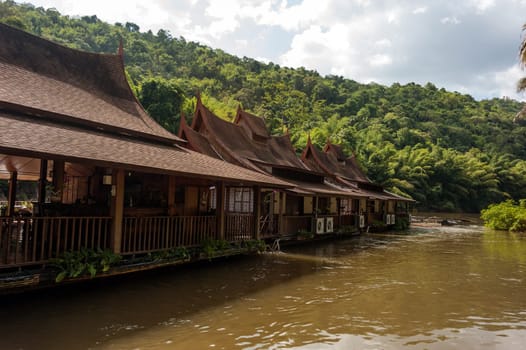 floating hotel on river Kwai in Thailand with a beautiful view