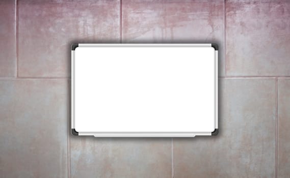 Blank white baord on ceramic tiles wall texture background, stock photo