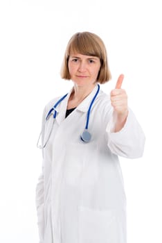 young female doctor with thumb up in front of white background