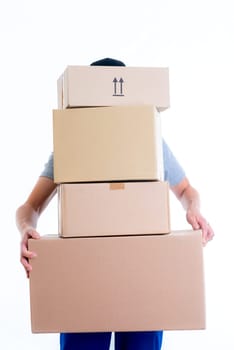 overstrained postman with parcels in front of white background
