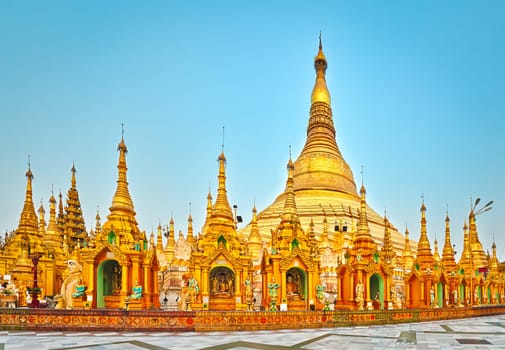 Shwedagon or Great Dagon Pagoda in Yangon. Myanmar. Panorama