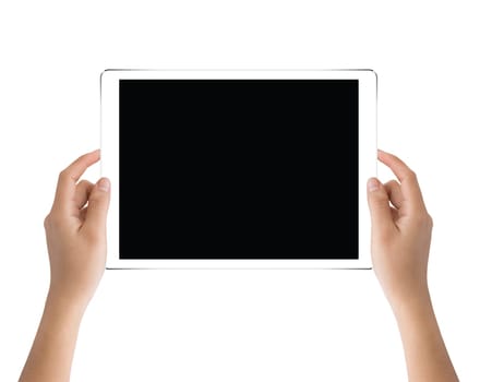 hand holding black tablet isolated on white clipping path inside easy adjustment
