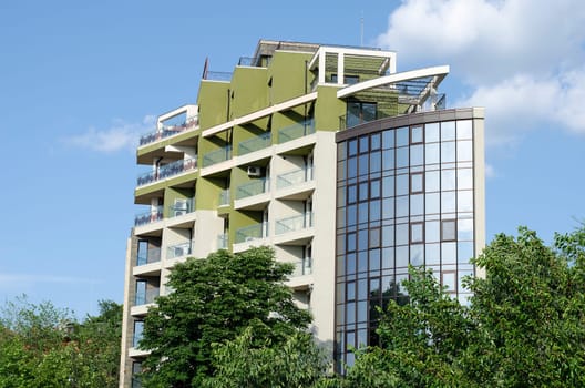 Exterior of glass residential building