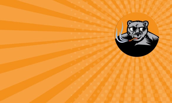 Business card showing illustration of a black bear wearing sunglasses smoking cigar viewed from front set inside circle done in retro woodcut style.