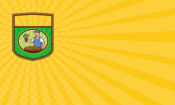 Business card showing illustration of an organic farmer boy wearing hat holding grapes with a bowl of raisins in front of him viewed from front set inside shield crest with sunburst in the background done in retro style.