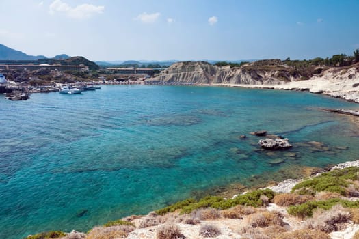 Kolymbia beach with the rocky coast in Greece.