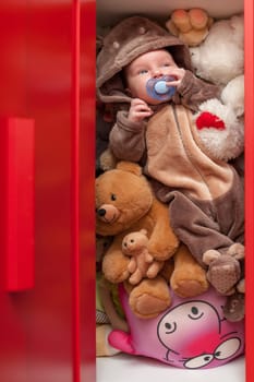 Baby sleeping with her teddy bear, new family and love concept Soft focus and blurry