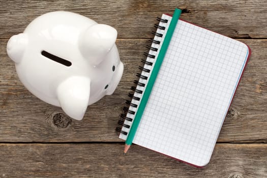 Writing notes or planning schedule on blank spiral notebook with piggy bank