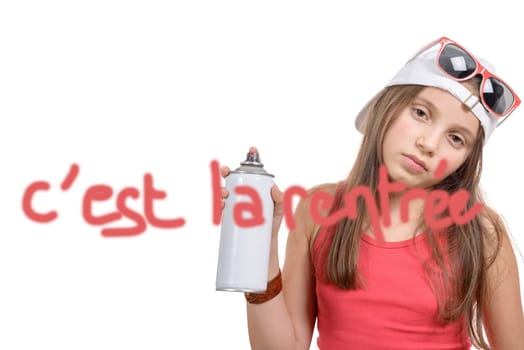 a girl writing back to school with a spray can, on white background