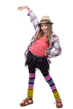 preteen girl in hipster style, isolated on white background.