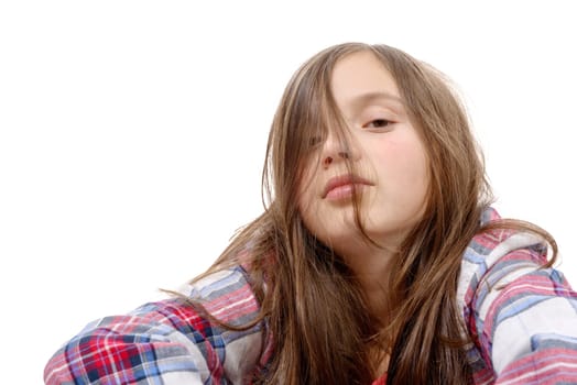 portrait of preteen girl isolated on white background