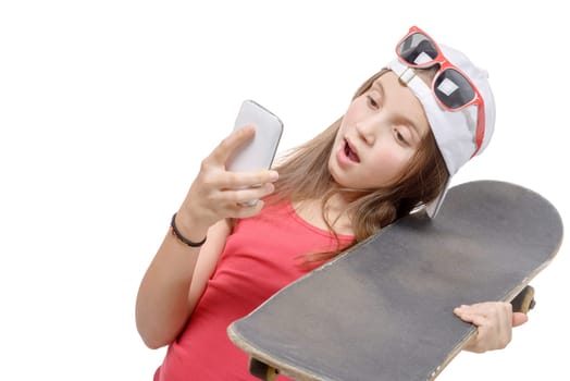 a teenager with a skateboard and a phone