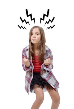 preteen girl in hipster style, angry isolated on white background