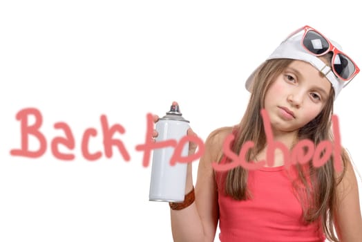a girl writing back to school with a spray can, on white background