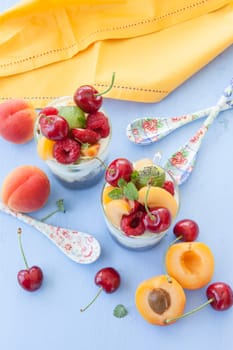 Chia pudding and yoghurt in the glass with fresh fruechten