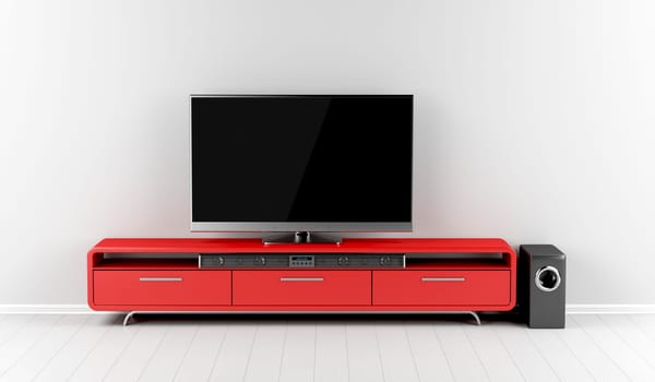 Tv with soundbar and subwoofer on tv stand