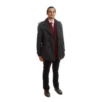 An young adult in formal wear on white background