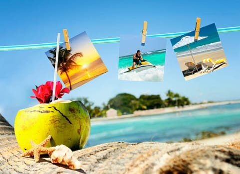 coconuts cocktail, starfish, sea outdoor with hlidays pics