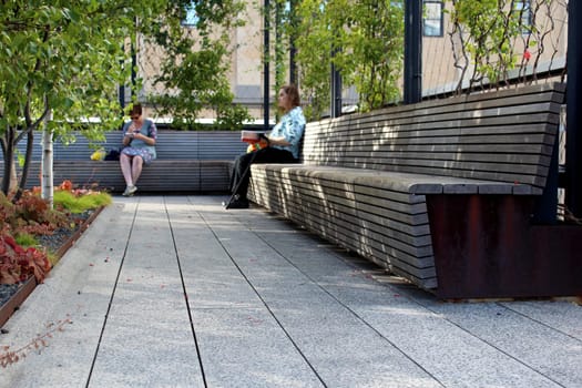 NEW YORK CITY - SEPTEMBER 03: People at High Line Park in NYC on September 03th, 2013. The High Line is a public park built on an historic freight rail line elevated above the streets on Manhattan West Side.