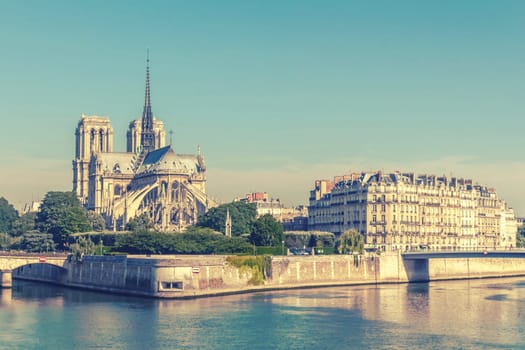 Notre Dame de Paris Cathedral, France, selective focus, vintage effect