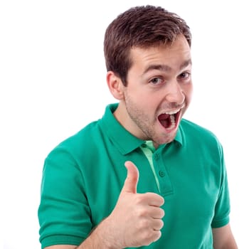 Handsome young man in green shirt with thumbs up