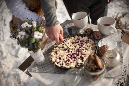 The bride and groom cut the wedding cake in tin metal plate outdoors in winter on the coast of the frozen river