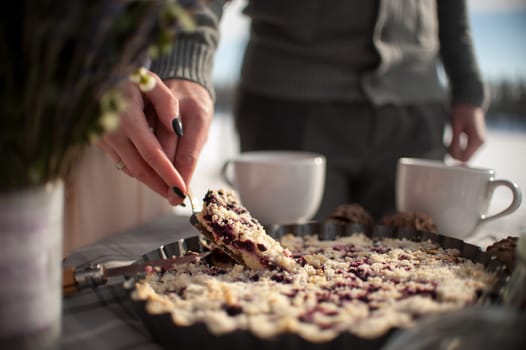 The bride and groom cut the wedding cake in tin metal plate outdoors in winter on the coast of the frozen river