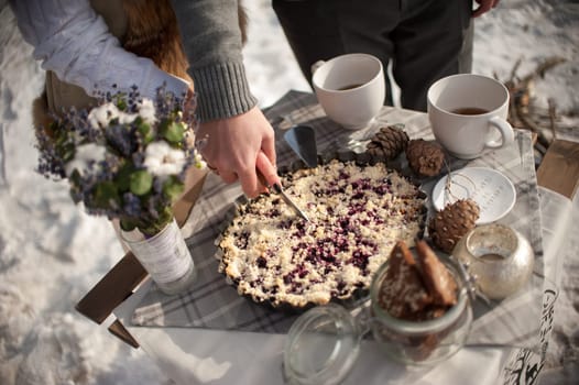 The bride and groom cut the wedding cake in tin metal plate outdoors in winter on the coast of the frozen river