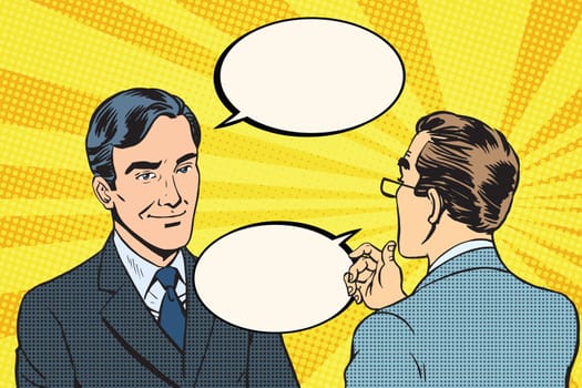 Two businessmen dialogue conversation communication pop art retro vector. Business negotiations