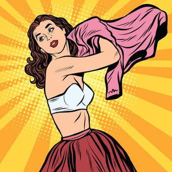 Beautiful retro girl in bra getting dressed pop art vector. Underwear beauty and fashion. Realistic retro woman
