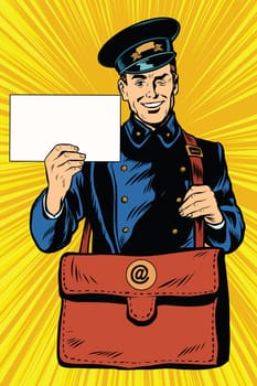 Cheerful postman pop art retro vector. Friendly postman in blue uniform with bag and letters