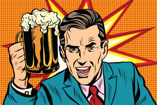Emotional vintage man with beer pop art retro vector. Fan in bar. Burst background