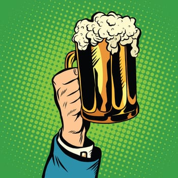 beer mug in hand pop art retro vector. Toast the holiday vacation. The drinks in the pub