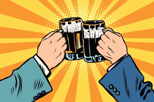 St. Patrick Day or Oktoberfest toasting hands beer party poster. People clinking beer glasses. Pub, bar pop art retro vector