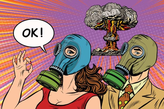 Nuclear war retro pop art poster military vector. Man and woman in gas masks. The OK gesture