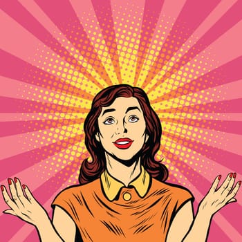 Woman prayer joy religion pop art retro vector
