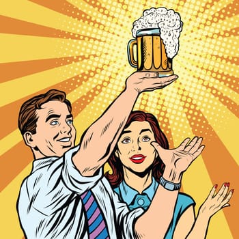 Triumph beer festival bar pub man and woman pop art retro vector. Mug of beer on the podium