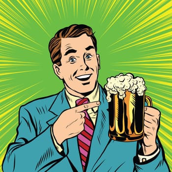 Retro man with a beer pop art vector. Beer pubs and bars. Retro advertising of alcoholic beverages