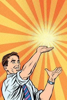 Retro man, sun on the palm pop art vector. The sun rays