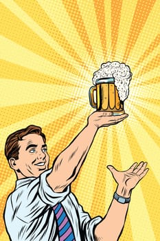 Retro man and mug of beer pop art vector. Oktoberfest and St. Patrick day. Beer festival