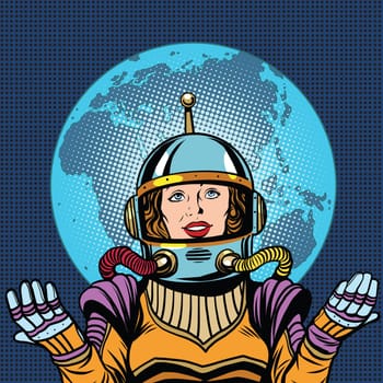 Woman astronaut a symbol of life on planet Earth pop art retro vector. Humanity and the cosmos. Earth day and ecology