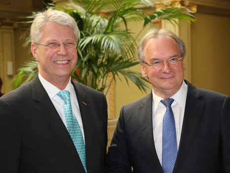 Astronaut Thomas Reiter and Dr. Reiner Haseloff (CDU) Minister-President of saxony-anhalt at the event series Saxony-Anhalt-Premium on June 9,2016 in Magdeburg