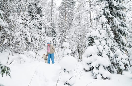 The woman with a dog on walk in a winter wood